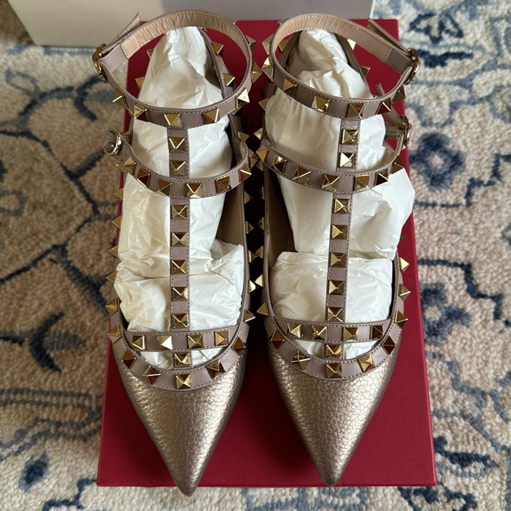 Valentino Caged Rockstud Ballerina Flats Platinum 36